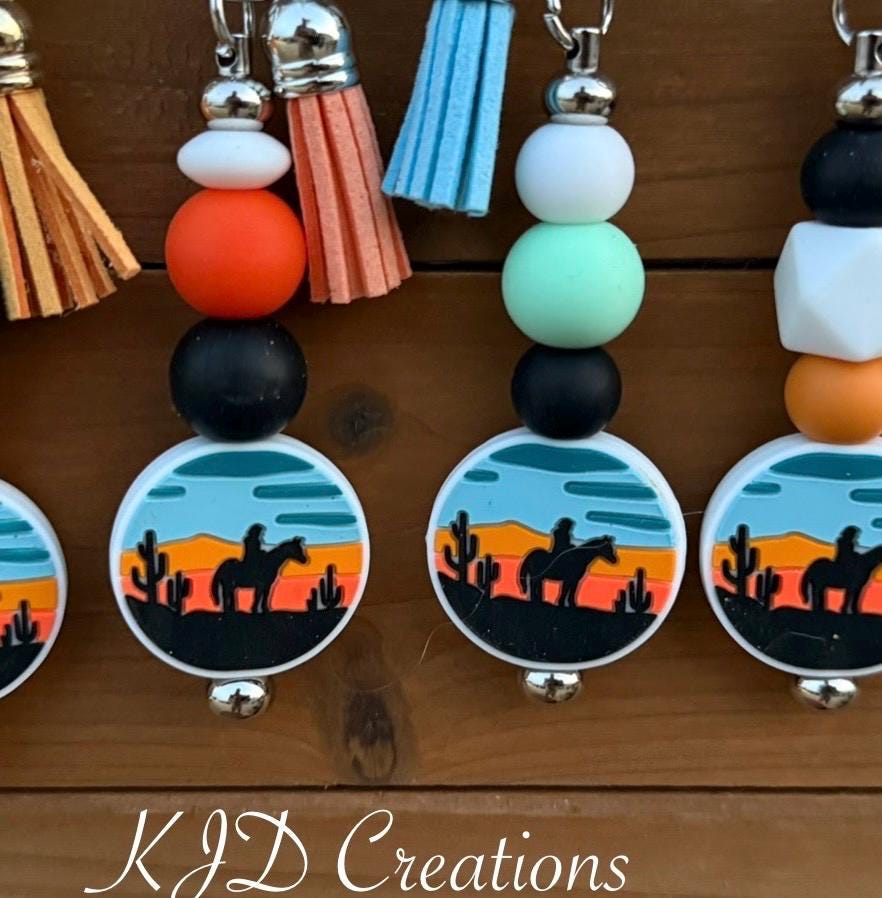 Western Cowboy Horse Desert Sunset Silicone Beaded Keychain with Leather Tassel