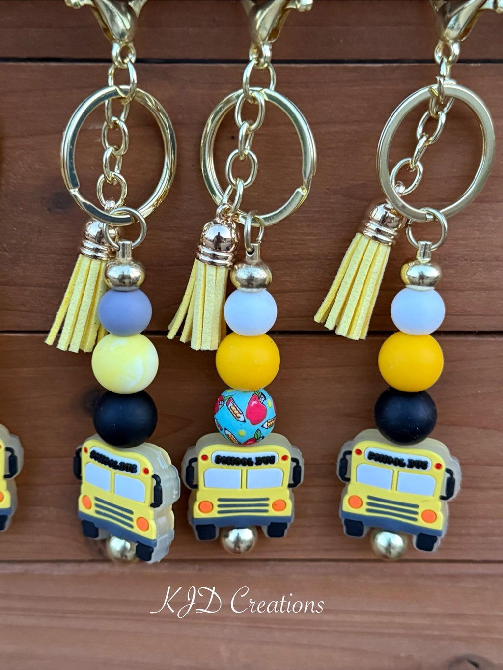 School Bus Driver Silicone Beaded Keychain with Leather Tassel