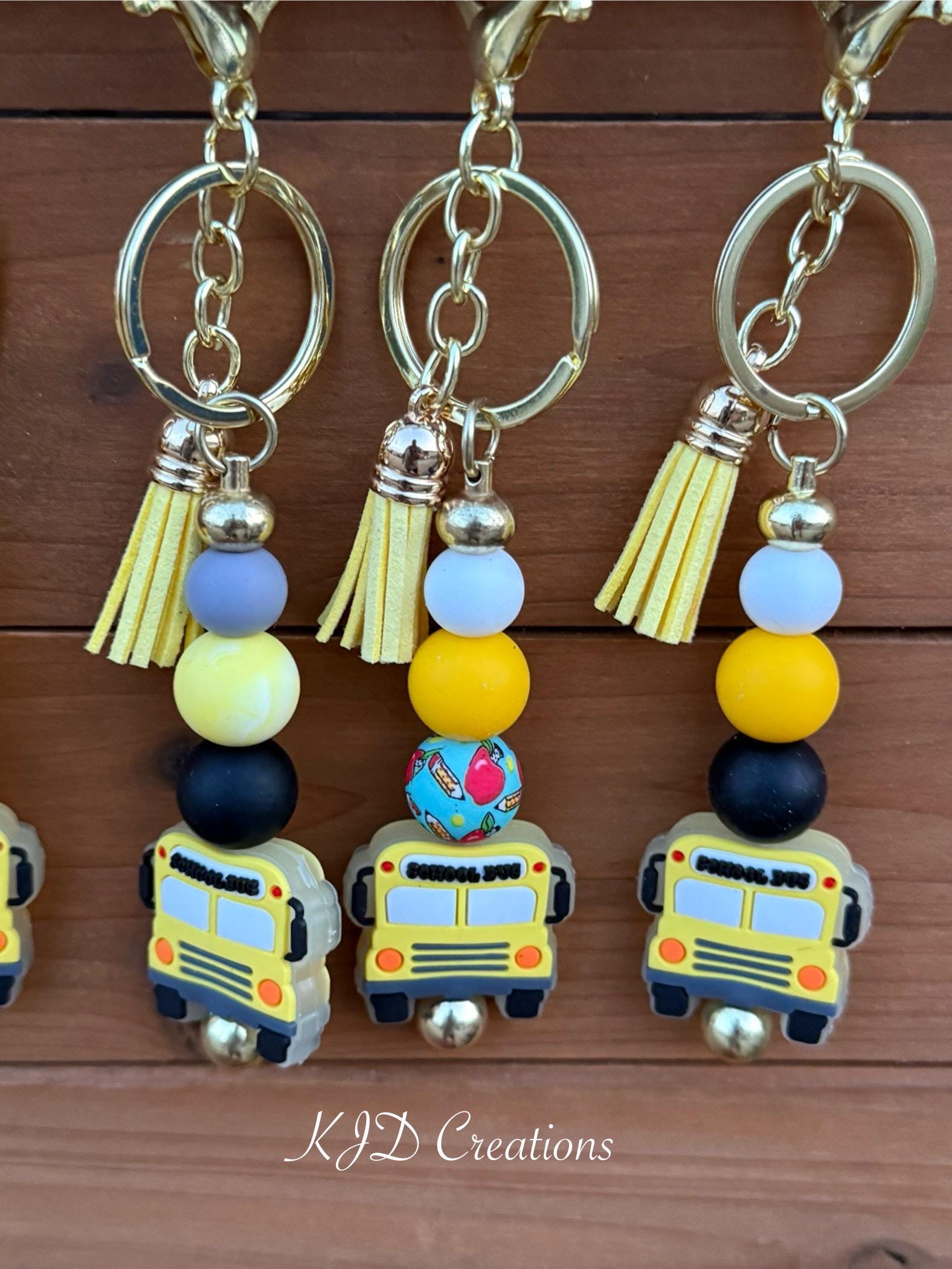 School Bus Driver Silicone Beaded Keychain with Leather Tassel
