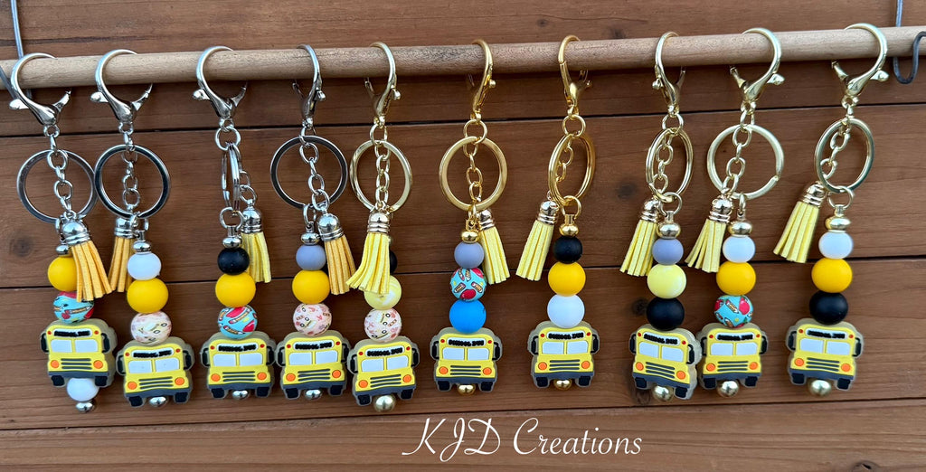 School Bus Driver Silicone Beaded Keychain with Leather Tassel