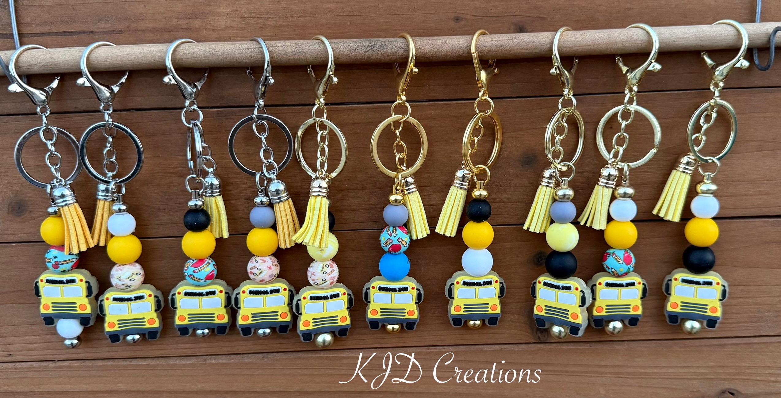 School Bus Driver Silicone Beaded Keychain with Leather Tassel