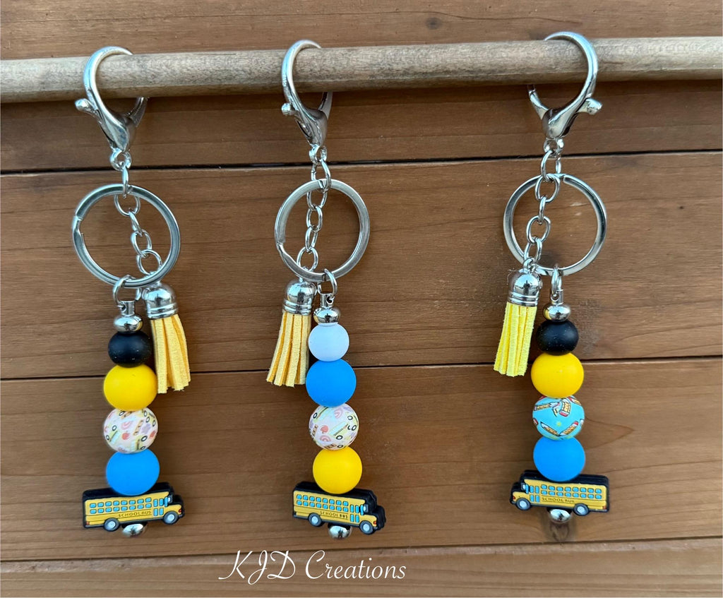 School Bus Driver Gift Silicone Beaded Faux Leather Tassel Keychain | Yellow School Bus Bag Charm