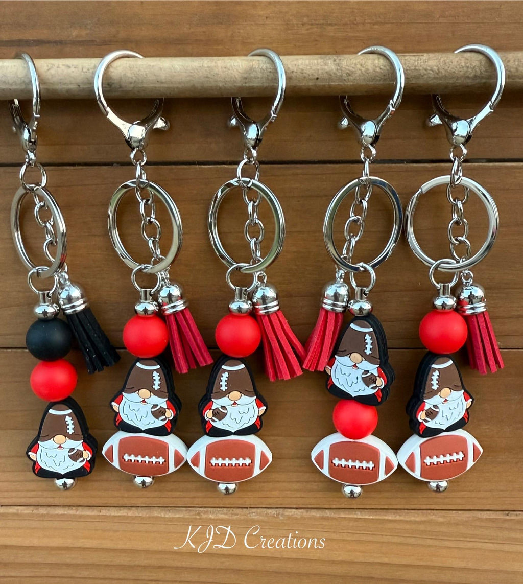 Red & Black Football Gnome Silicone Beaded Faux Leather Tassel Keychain | Game Day Bag Charm
