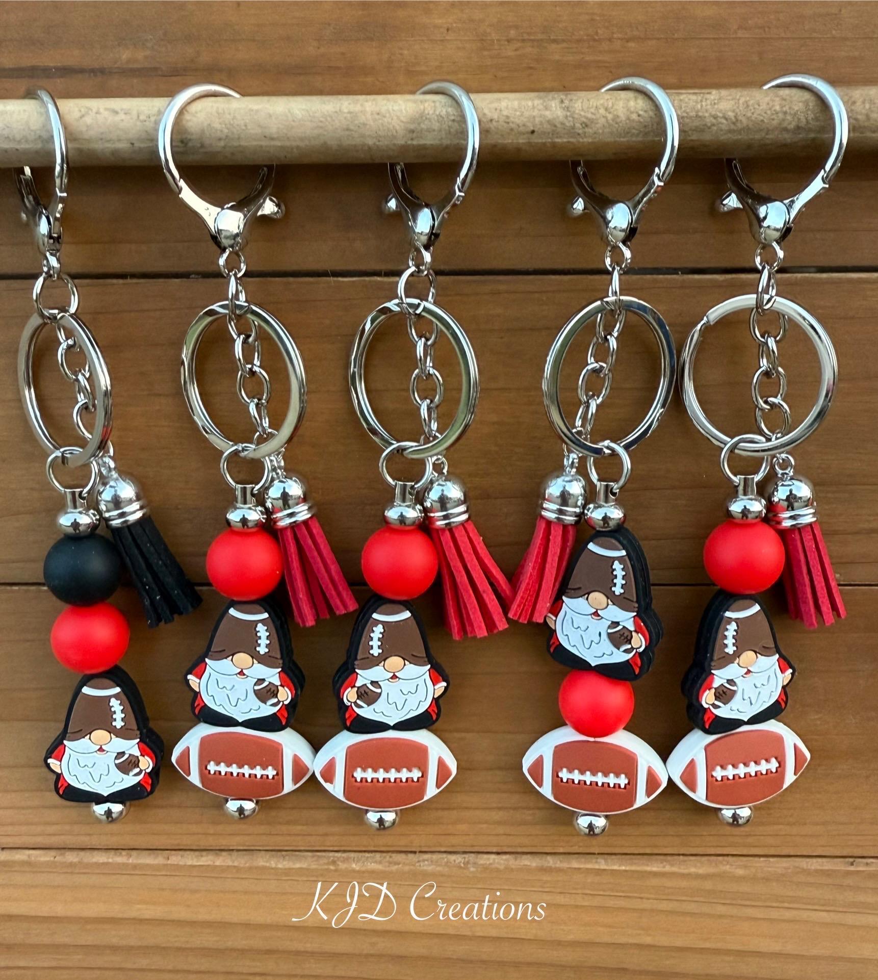 Red & Black Football Gnome Silicone Beaded Faux Leather Tassel Keychain | Game Day Bag Charm