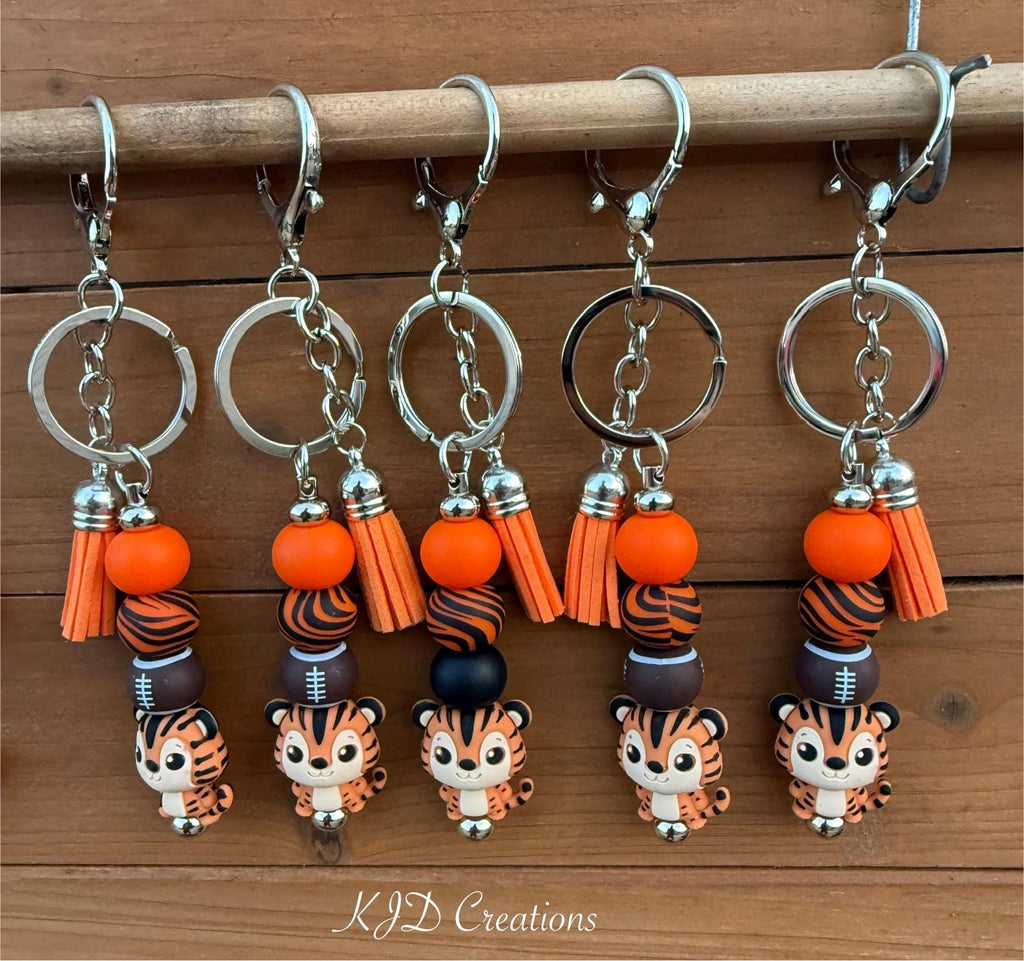 Orange & Black Tiger Football Silicone Beaded Keychain with Leather Tassel