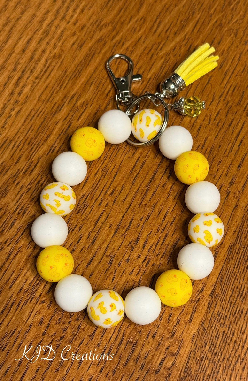 Rubber Duck Silicone Beaded Wristlet Bracelet Keychain with Leather Tassel