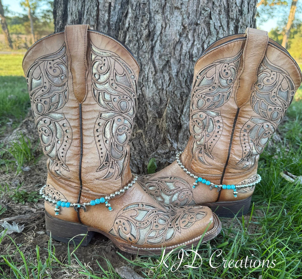 Turquoise & Silver Beaded Cowboy Boot Bracelet | Silver Charms | Boho Western Boot Jewelry | Pair of 2