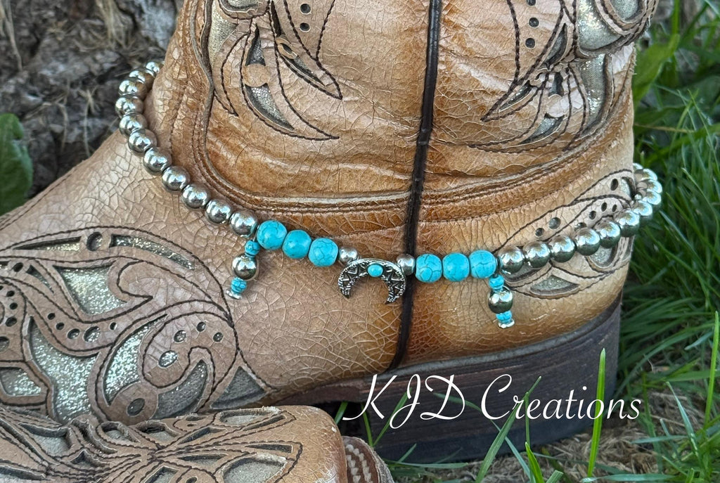 Turquoise & Silver Beaded Cowboy Boot Bracelet | Silver Charms | Boho Western Boot Jewelry | Pair of 2