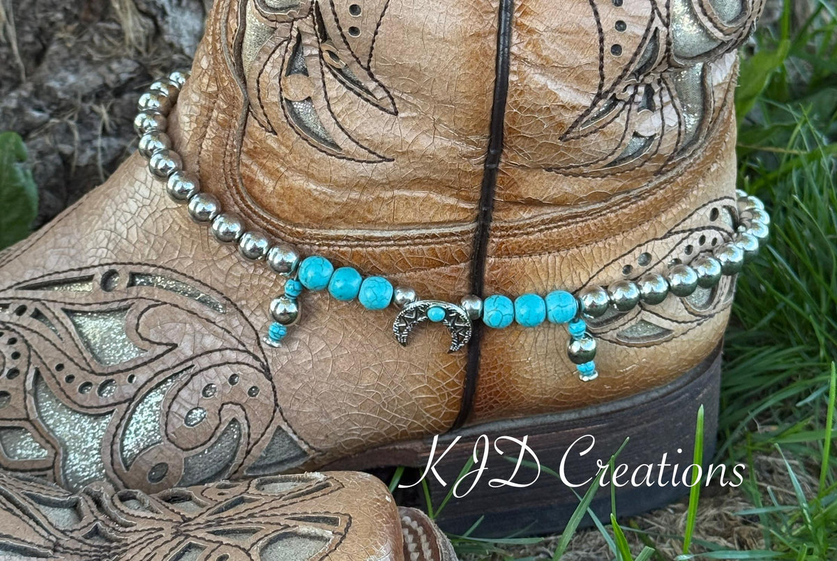Turquoise & Silver Beaded Cowboy Boot Bracelet | Silver Charms | Boho Western Boot Jewelry | Pair of 2