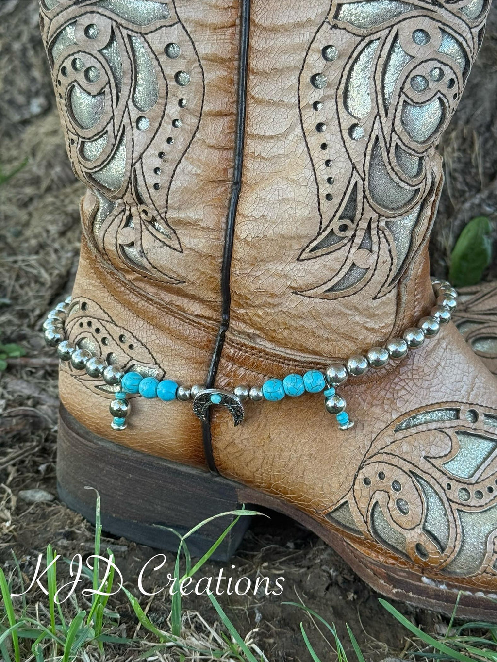 Turquoise & Silver Beaded Cowboy Boot Bracelet | Silver Charms | Boho Western Boot Jewelry | Pair of 2