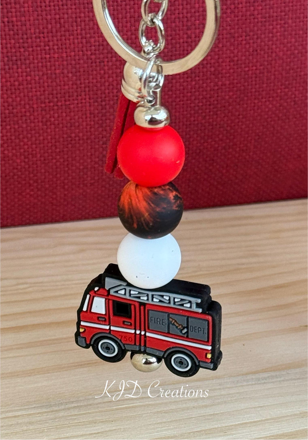 Fire Truck Silicone Beaded Keychain with Leather Tassel