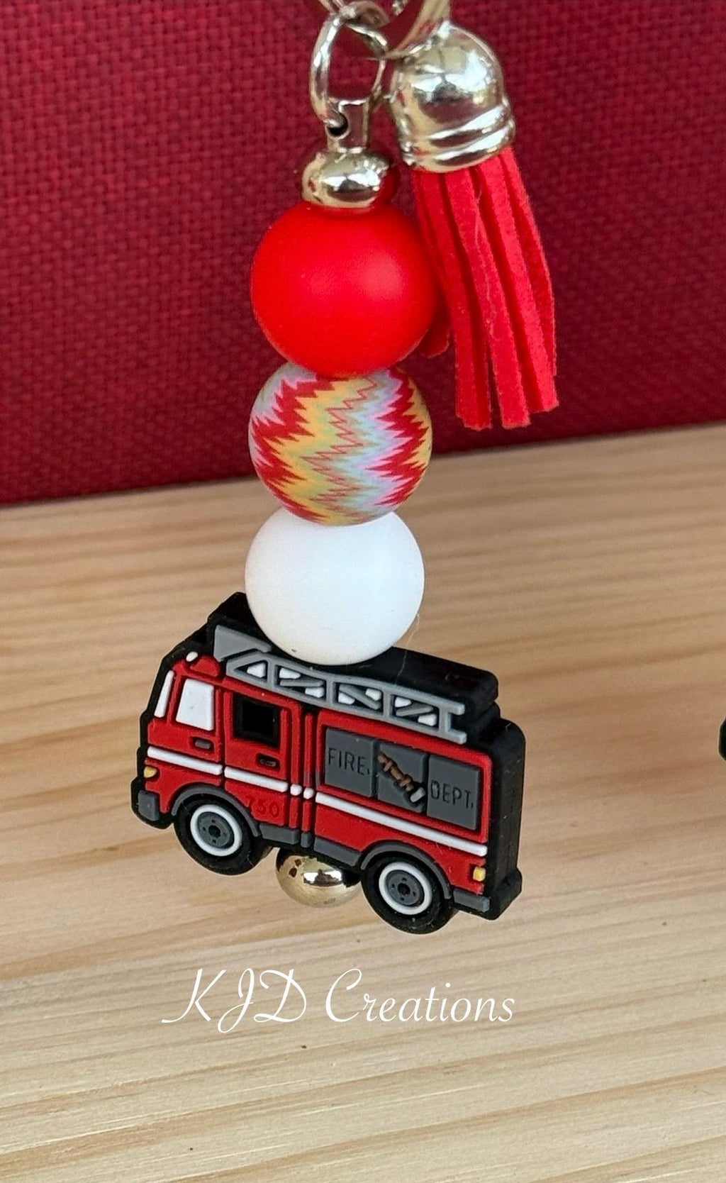 Fire Truck Silicone Beaded Keychain with Leather Tassel