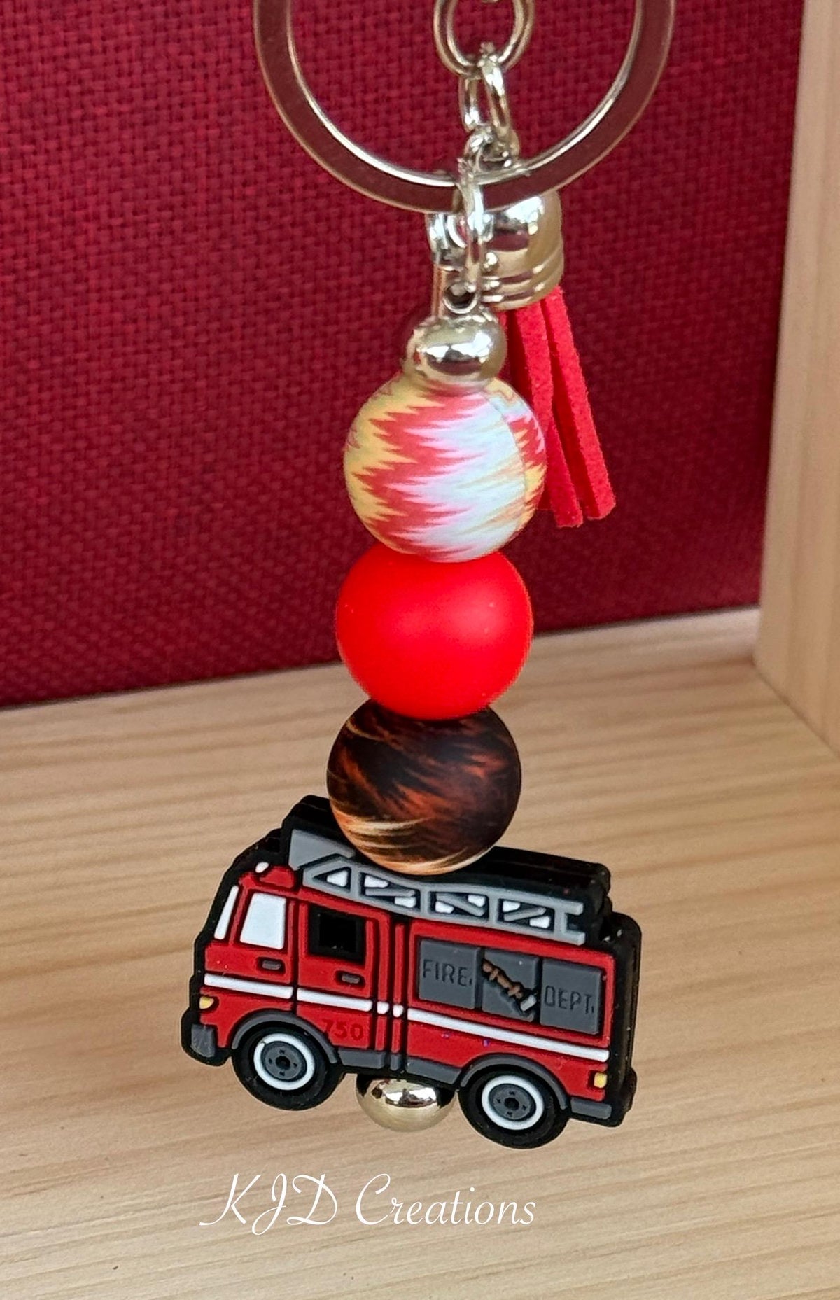 Fire Truck Silicone Beaded Keychain with Leather Tassel
