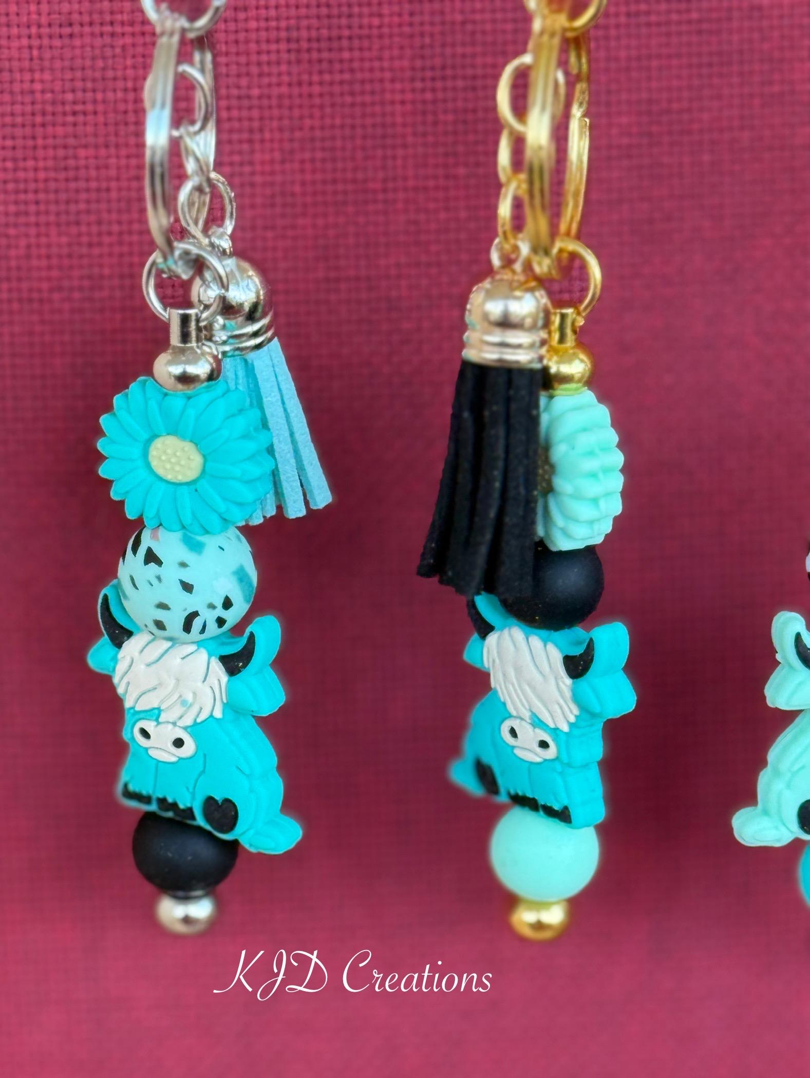 Highland Cow Silicone Beaded Keychain with Leather Tassel