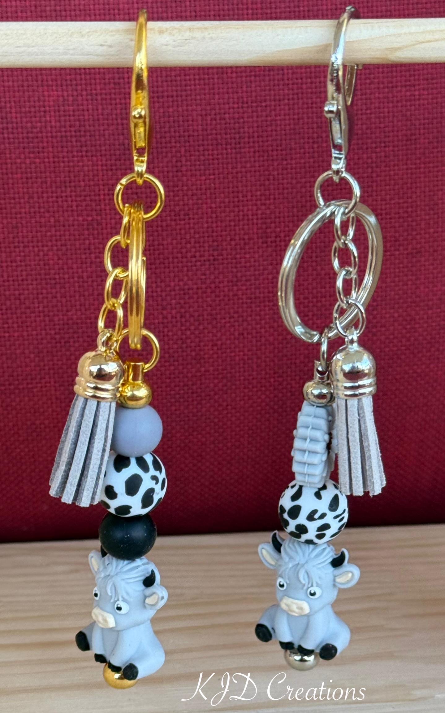 Highland Cow Silicone Beaded Keychain with Leather Tassel