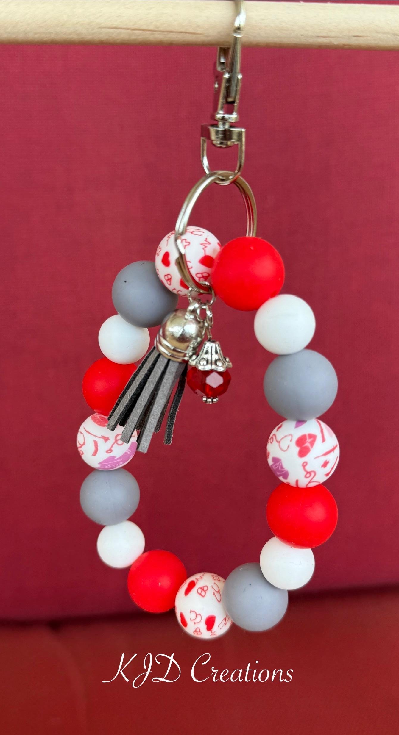 Scrub Life Silicone Beaded Wristlet Bracelet Keychain with Leather Tassel