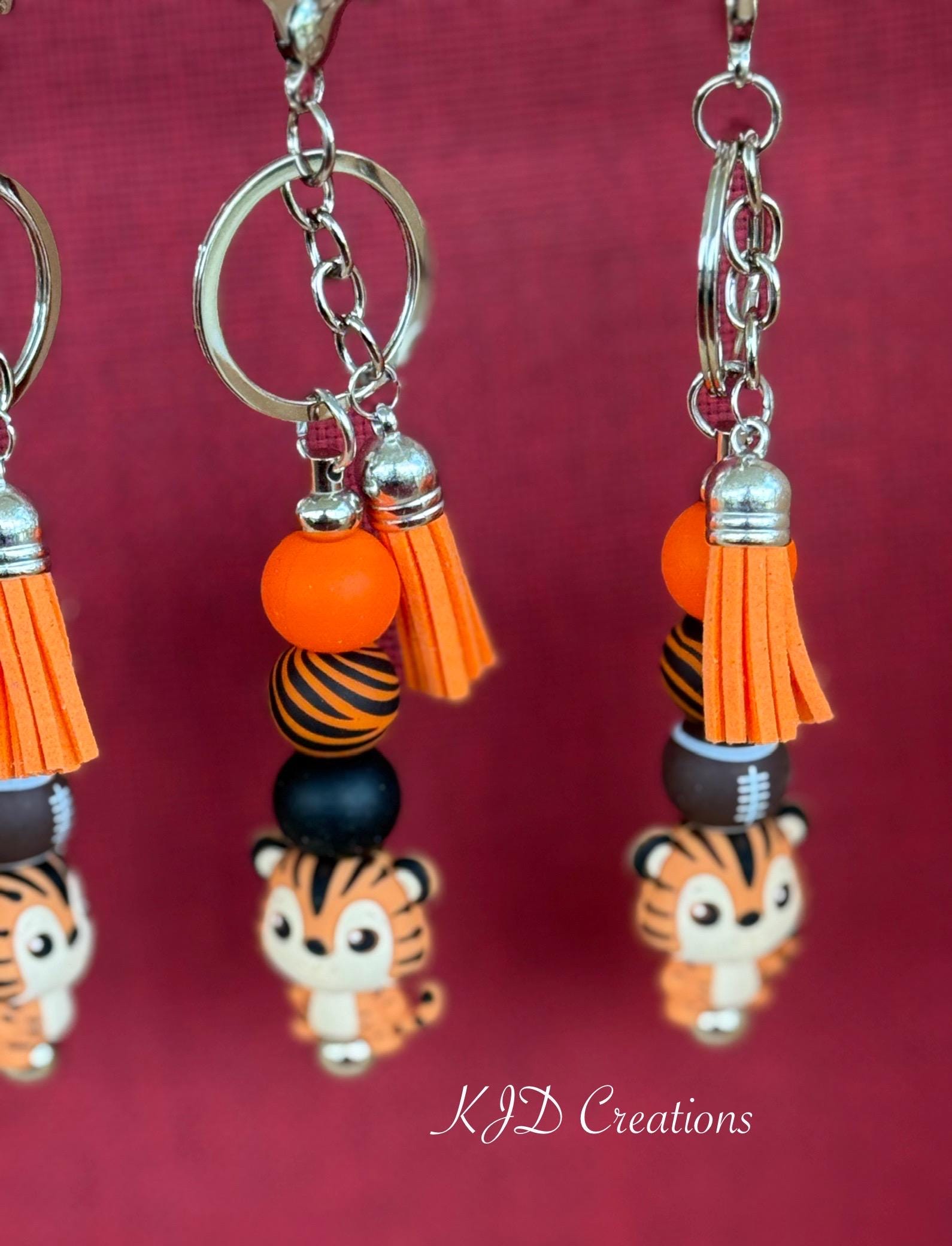 Orange & Black Tiger Football Silicone Beaded Keychain with Leather Tassel