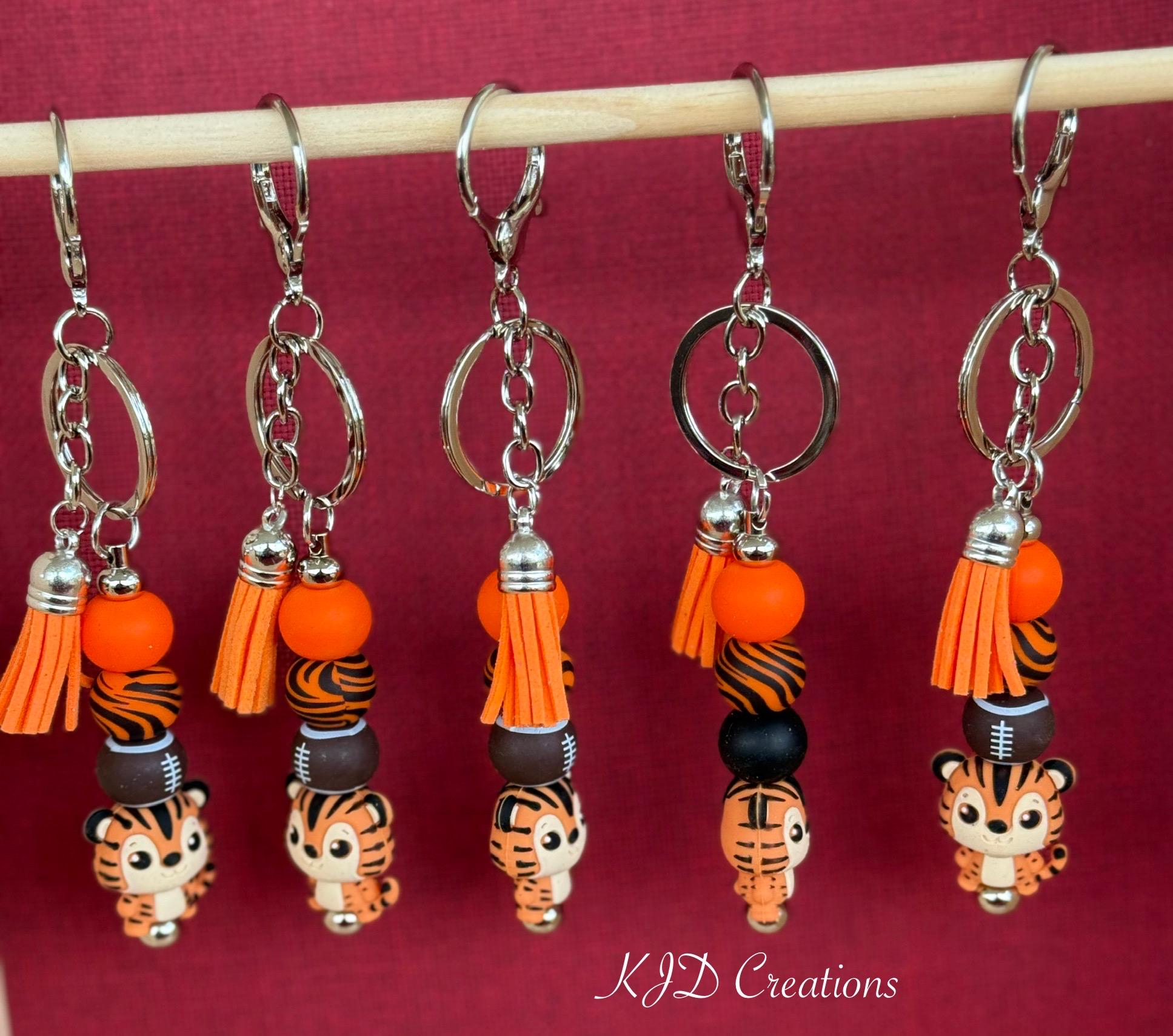 Orange & Black Tiger Football Silicone Beaded Keychain with Leather Tassel