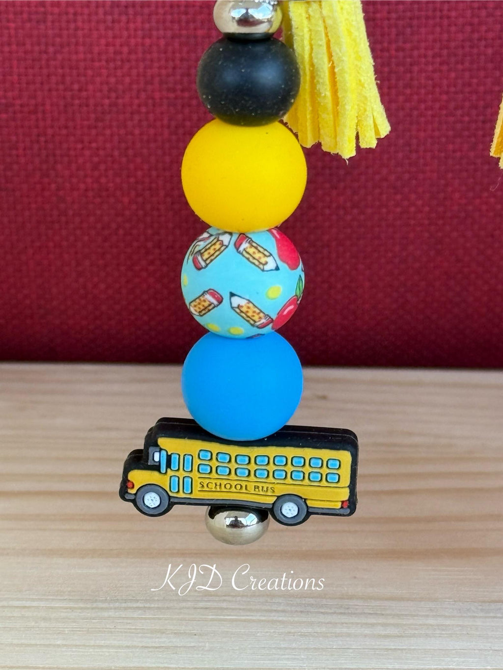 School Bus Driver Gift Silicone Beaded Faux Leather Tassel Keychain | Yellow School Bus Bag Charm