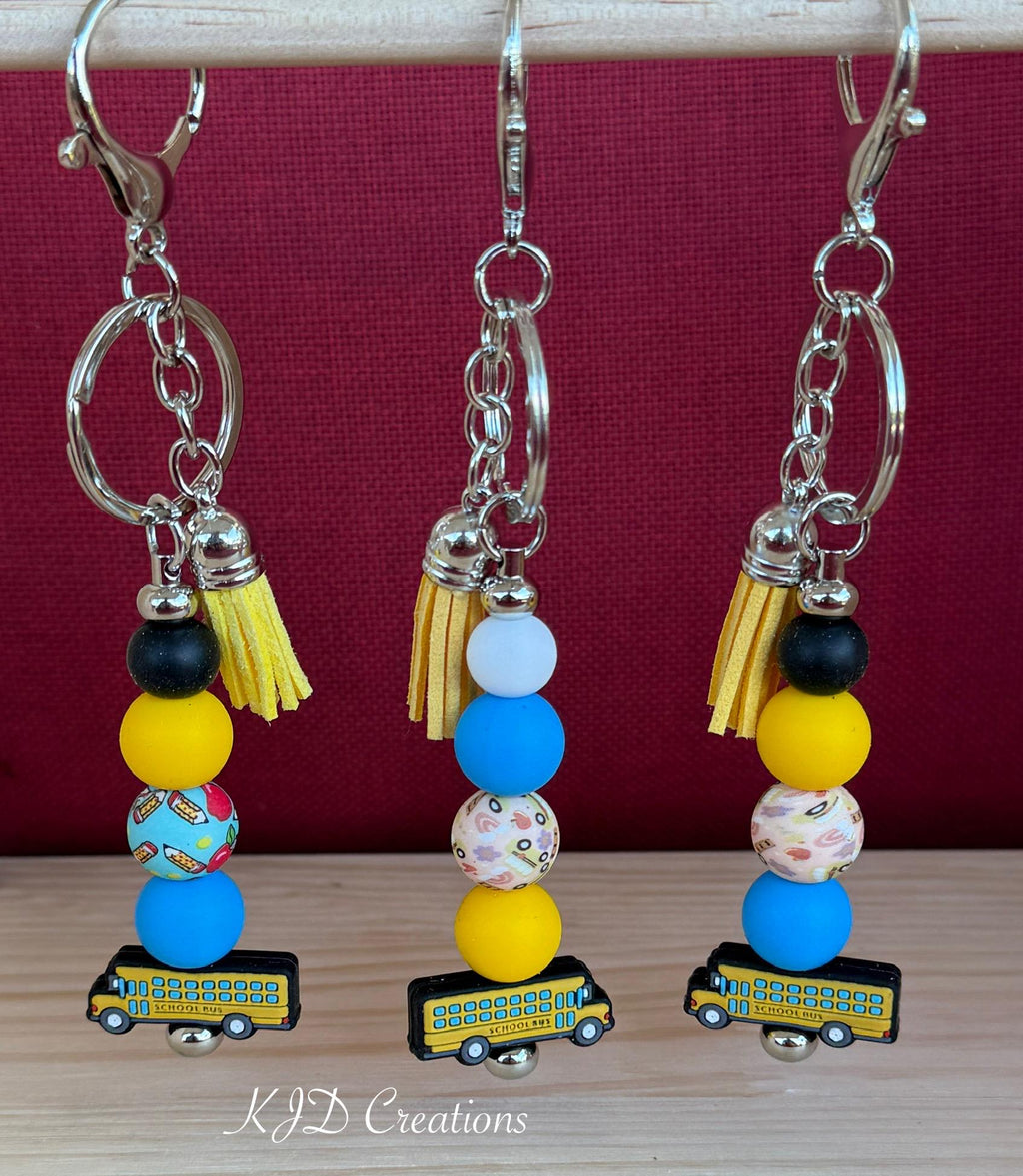 School Bus Driver Gift Silicone Beaded Faux Leather Tassel Keychain | Yellow School Bus Bag Charm