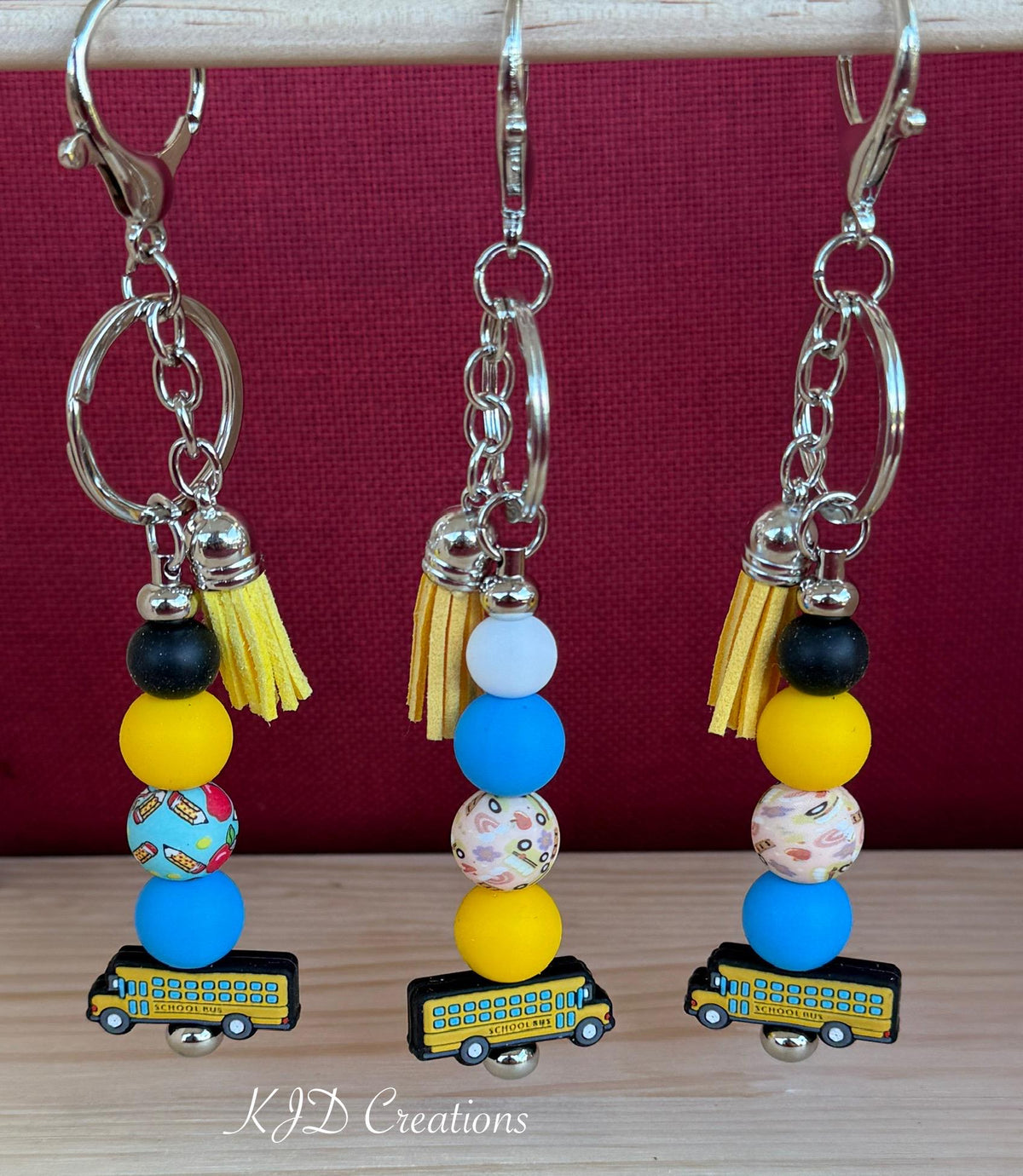 School Bus Driver Gift Silicone Beaded Faux Leather Tassel Keychain | Yellow School Bus Bag Charm