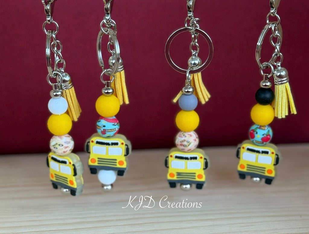 School Bus Driver Silicone Beaded Keychain with Leather Tassel