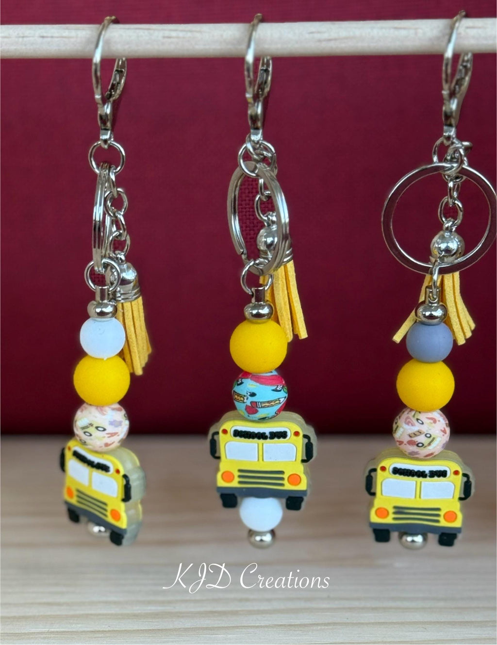 School Bus Driver Silicone Beaded Keychain with Leather Tassel