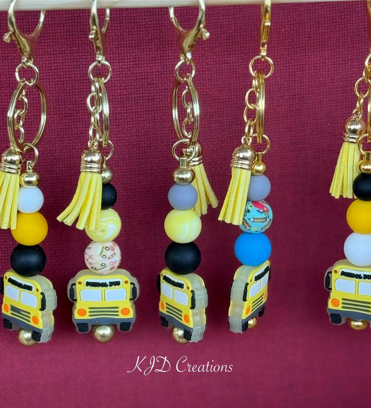 School Bus Driver Silicone Beaded Keychain with Leather Tassel