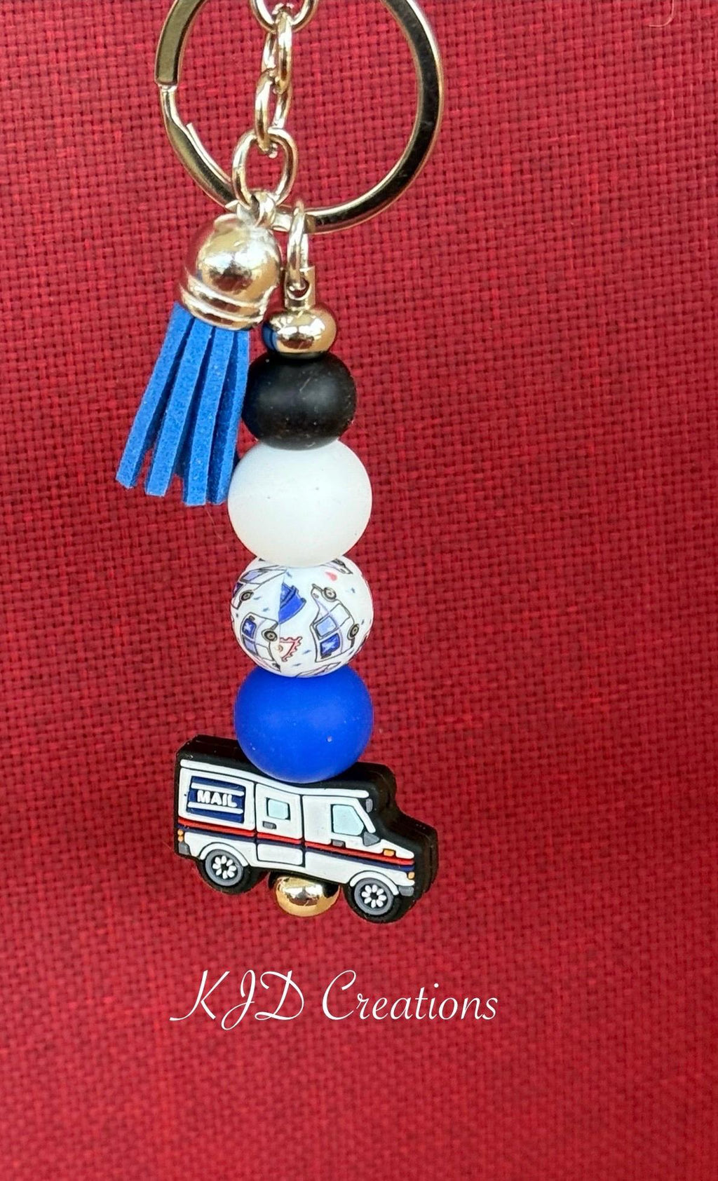 Mail Carrier Mail Truck Silicone Beaded Keychain with Leather Tassel