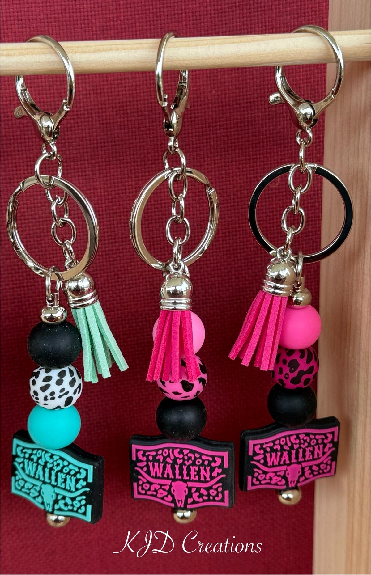 Country Music Silicone Beaded Keychain with Leather Tassel - Pink, Turquoise, Brown & White