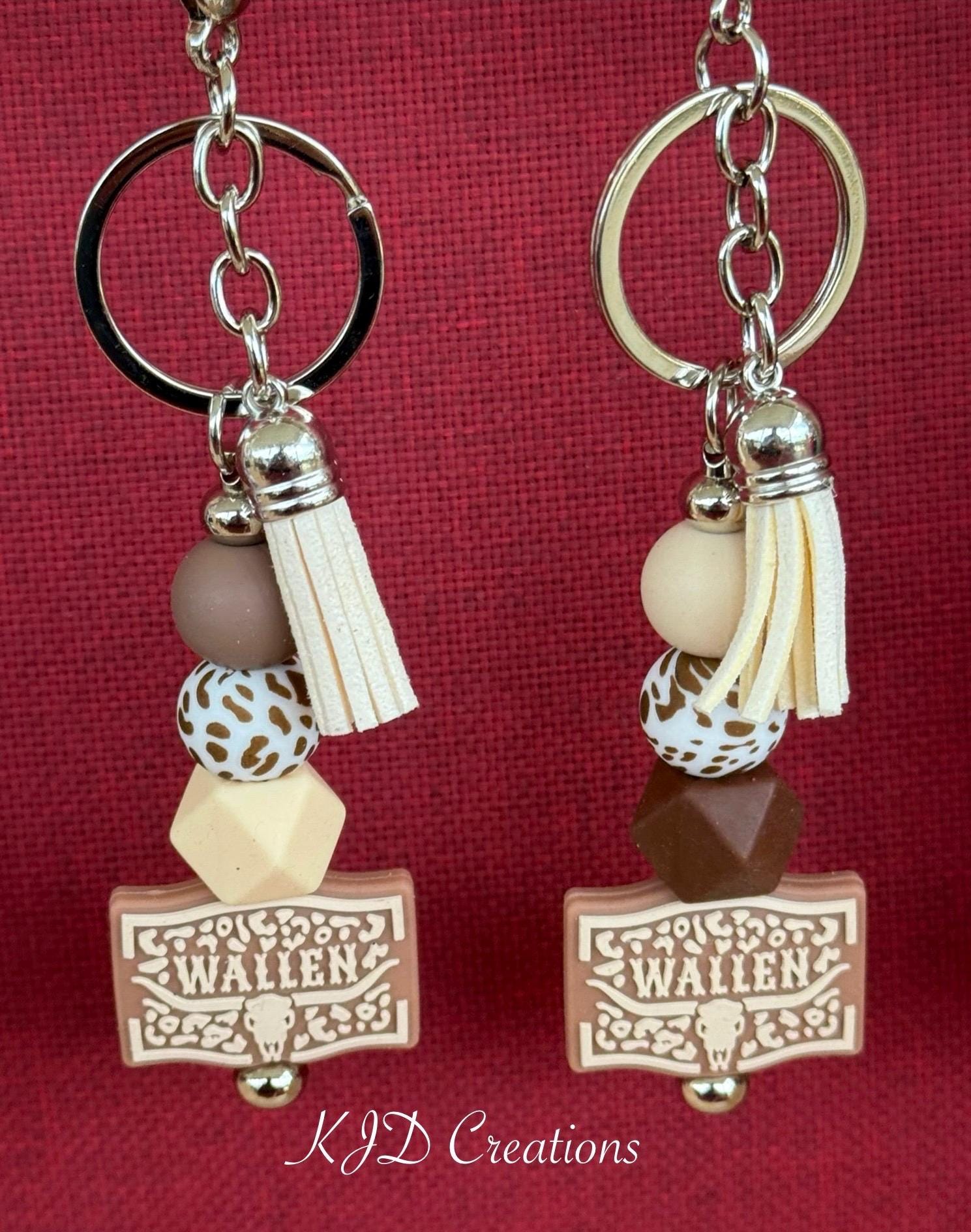 Country Music Silicone Beaded Keychain with Leather Tassel - Pink, Turquoise, Brown & White
