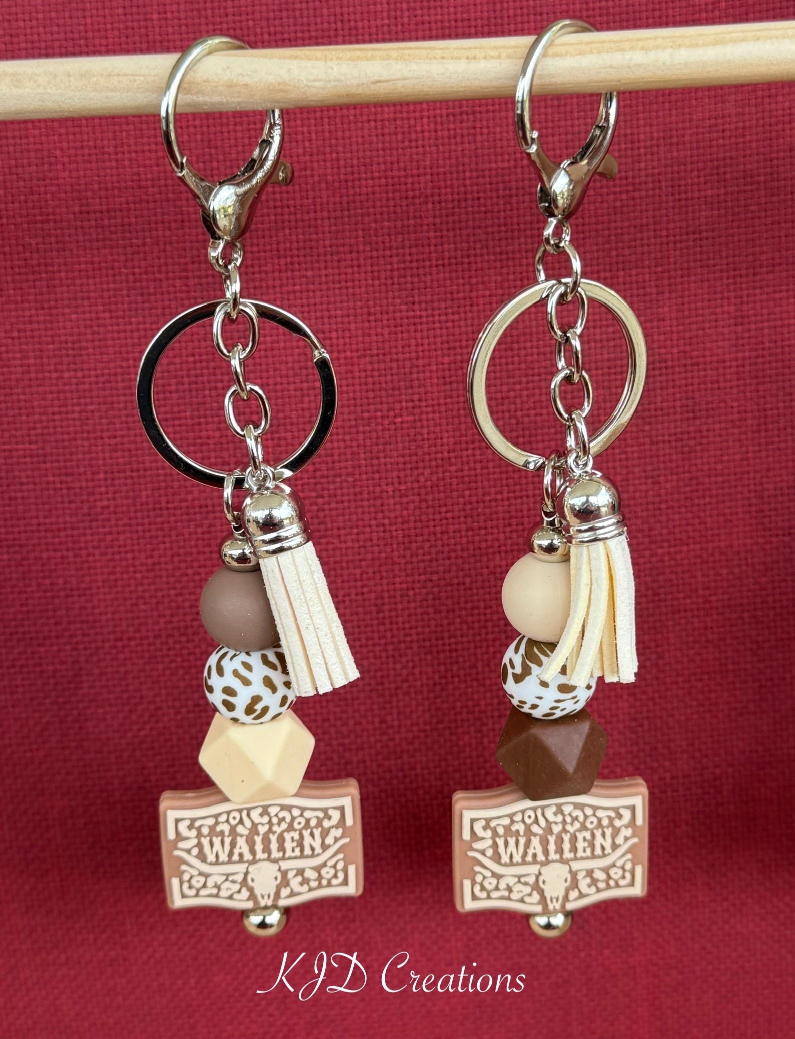 Country Music Silicone Beaded Keychain with Leather Tassel - Pink, Turquoise, Brown & White