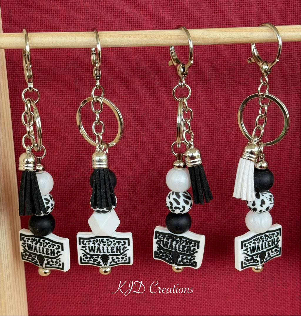 Country Music Silicone Beaded Keychain with Leather Tassel - Pink, Turquoise, Brown & White