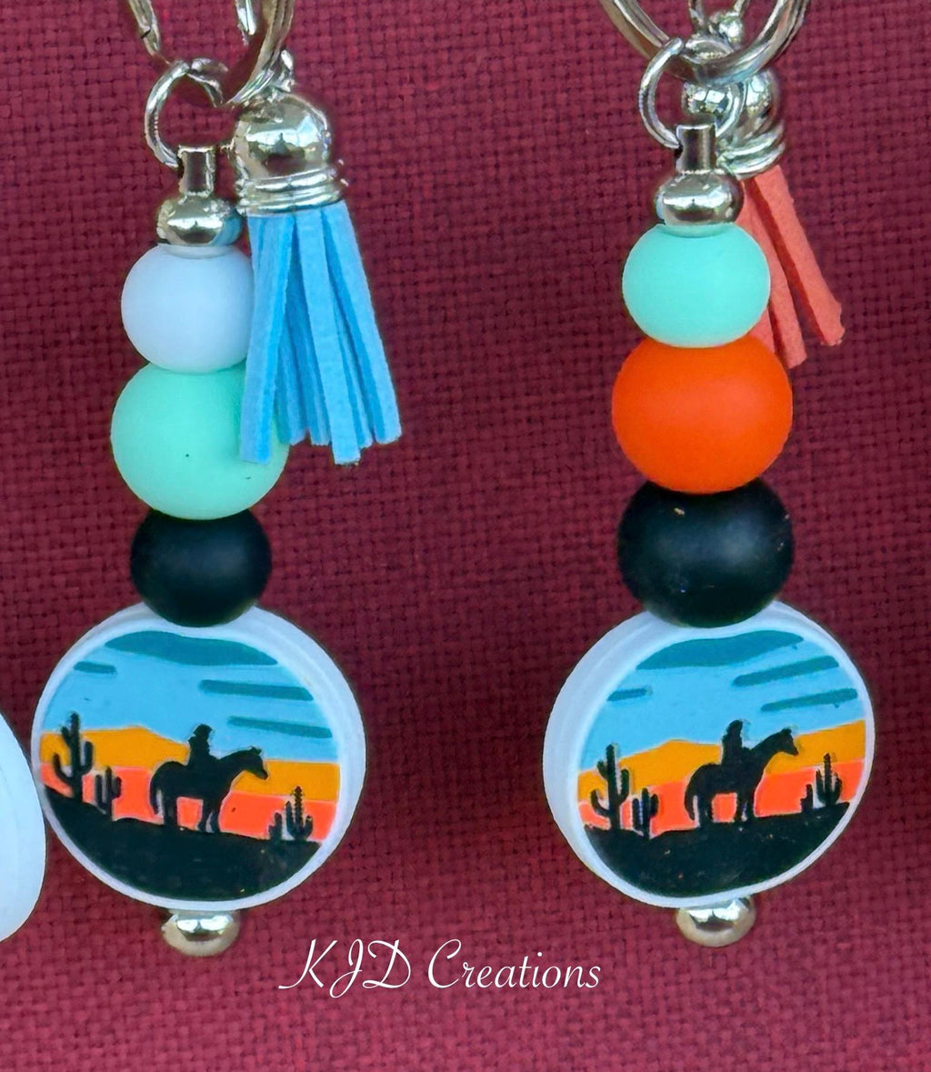 Western Cowboy Horse Desert Sunset Silicone Beaded Keychain with Leather Tassel