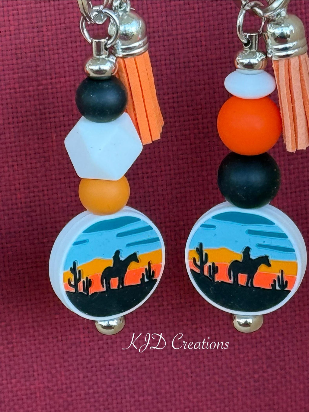 Western Cowboy Horse Desert Sunset Silicone Beaded Keychain with Leather Tassel