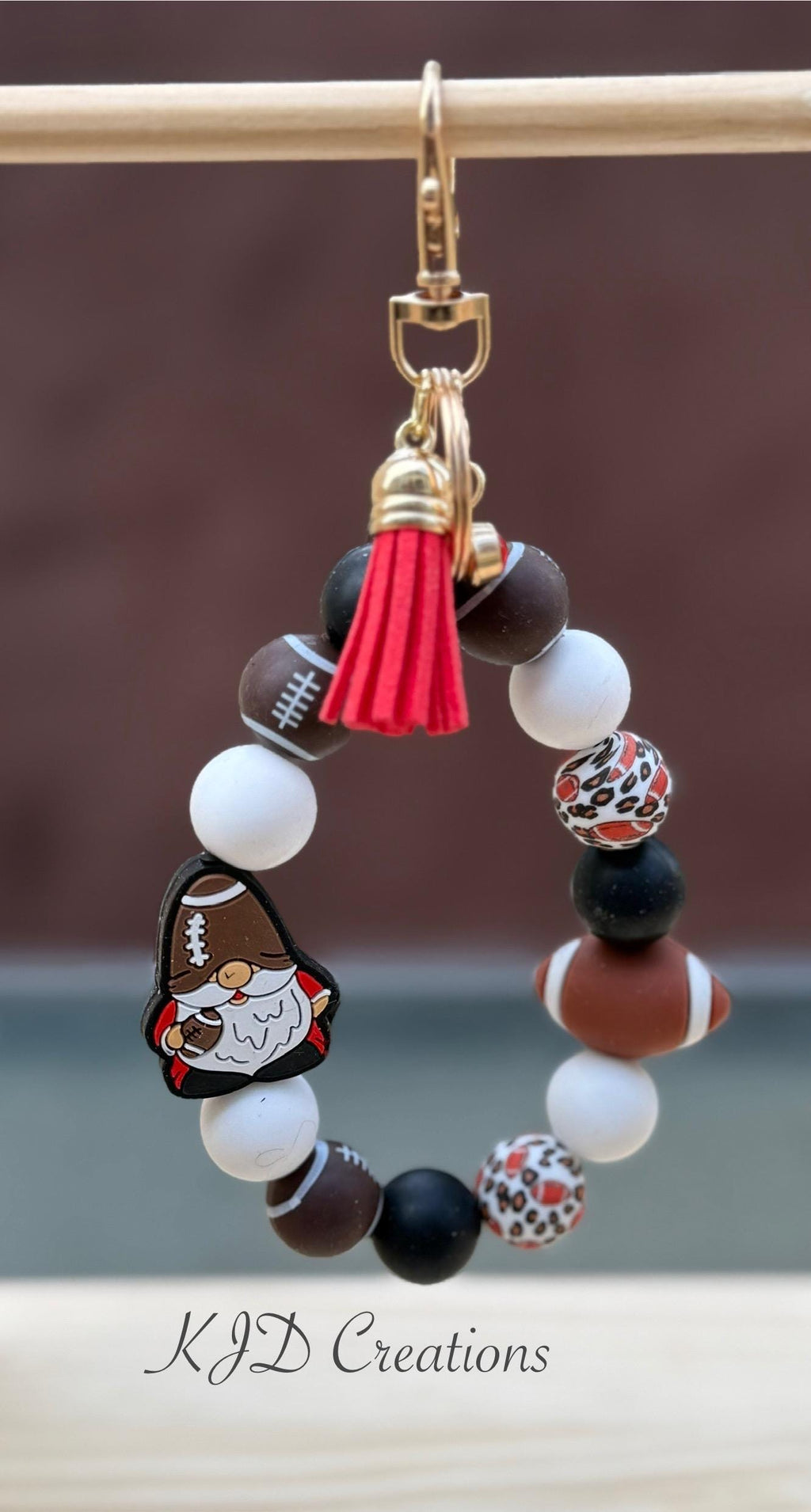 Football Gnome Silicone Beaded Wristlet Bracelet Keychain with Leather Tassel