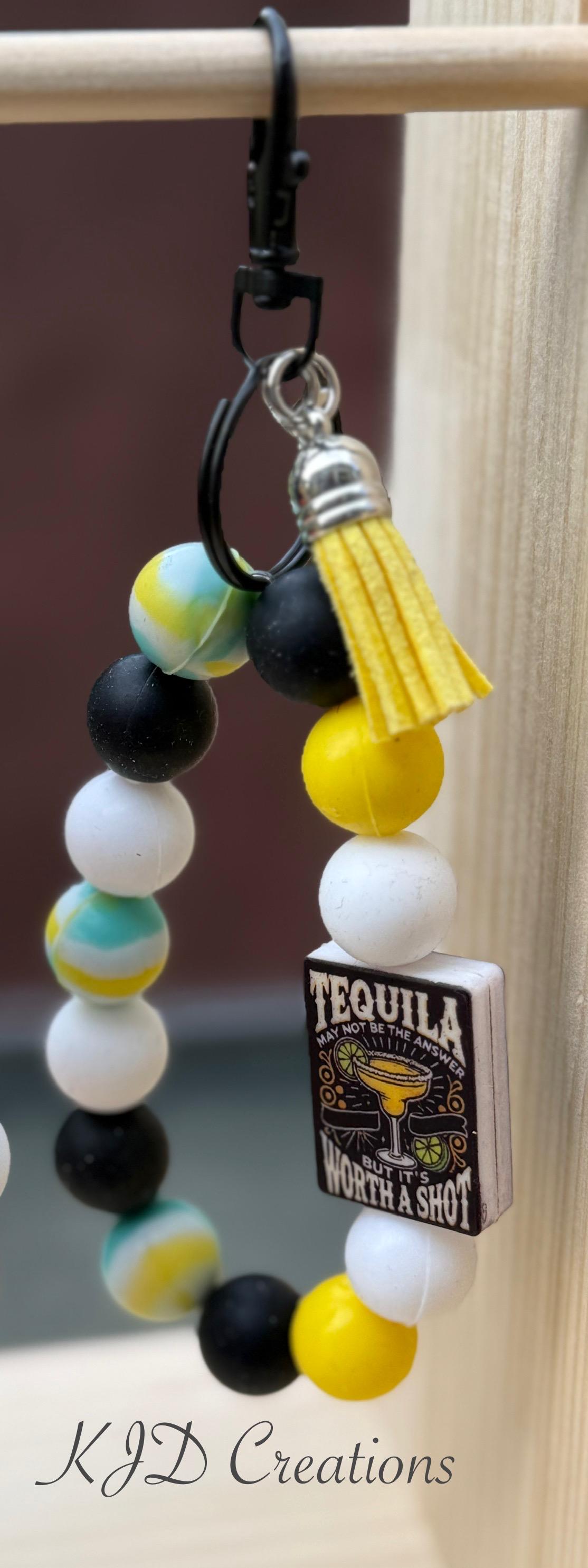 Funny Silicone Beaded Wristlet Bracelet Keychain with Leather Tassel