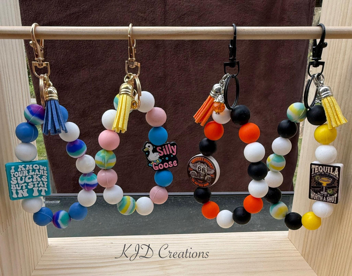 Funny Silicone Beaded Wristlet Bracelet Keychain with Leather Tassel