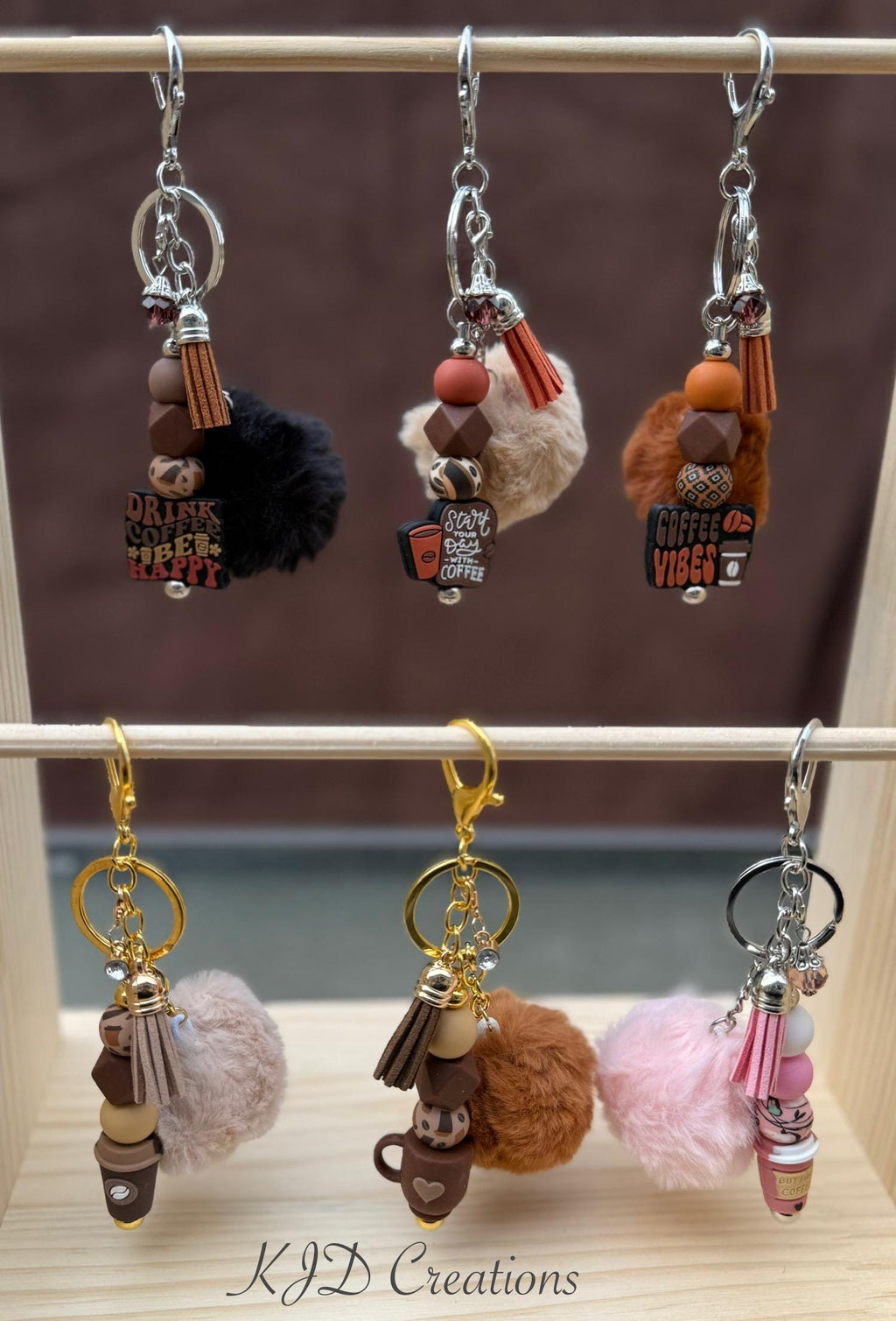 Coffee Lover Silicone Beaded Keychain with Pom Pom & Leather Tassel