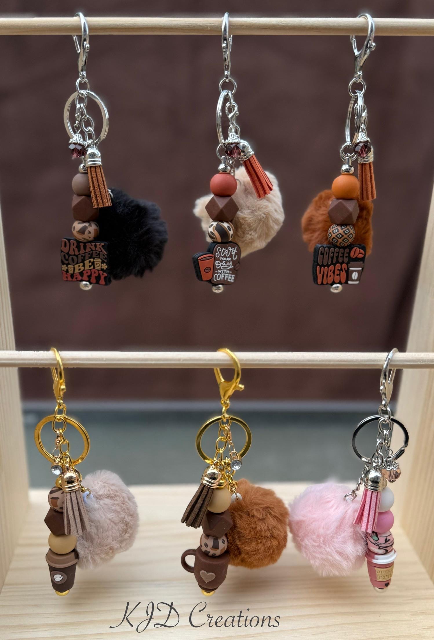 Coffee Lover Silicone Beaded Keychain with Pom Pom & Leather Tassel