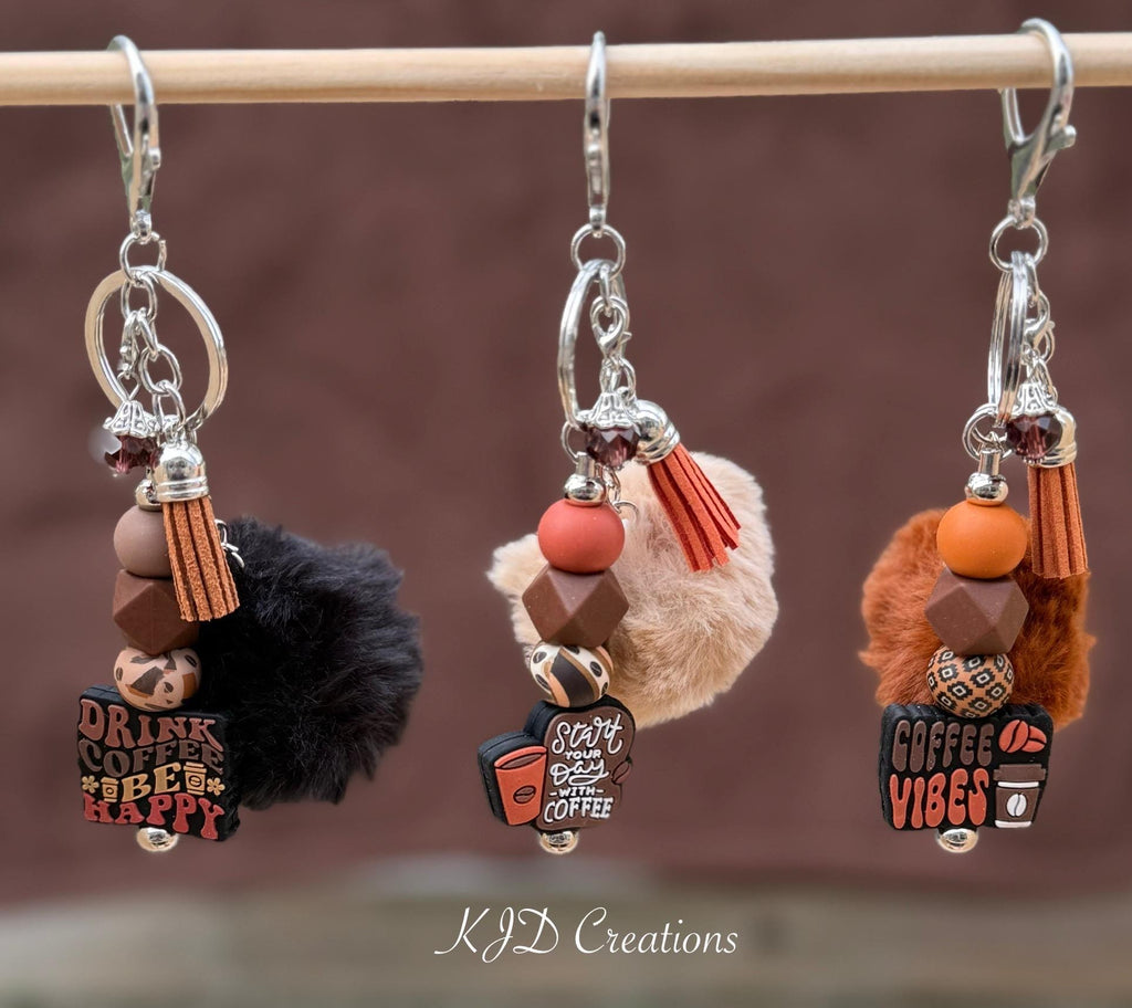 Coffee Lover Silicone Beaded Keychain with Pom Pom & Leather Tassel
