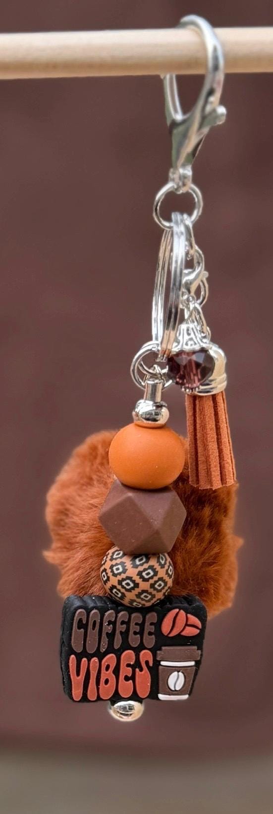 Coffee Lover Silicone Beaded Keychain with Pom Pom & Leather Tassel