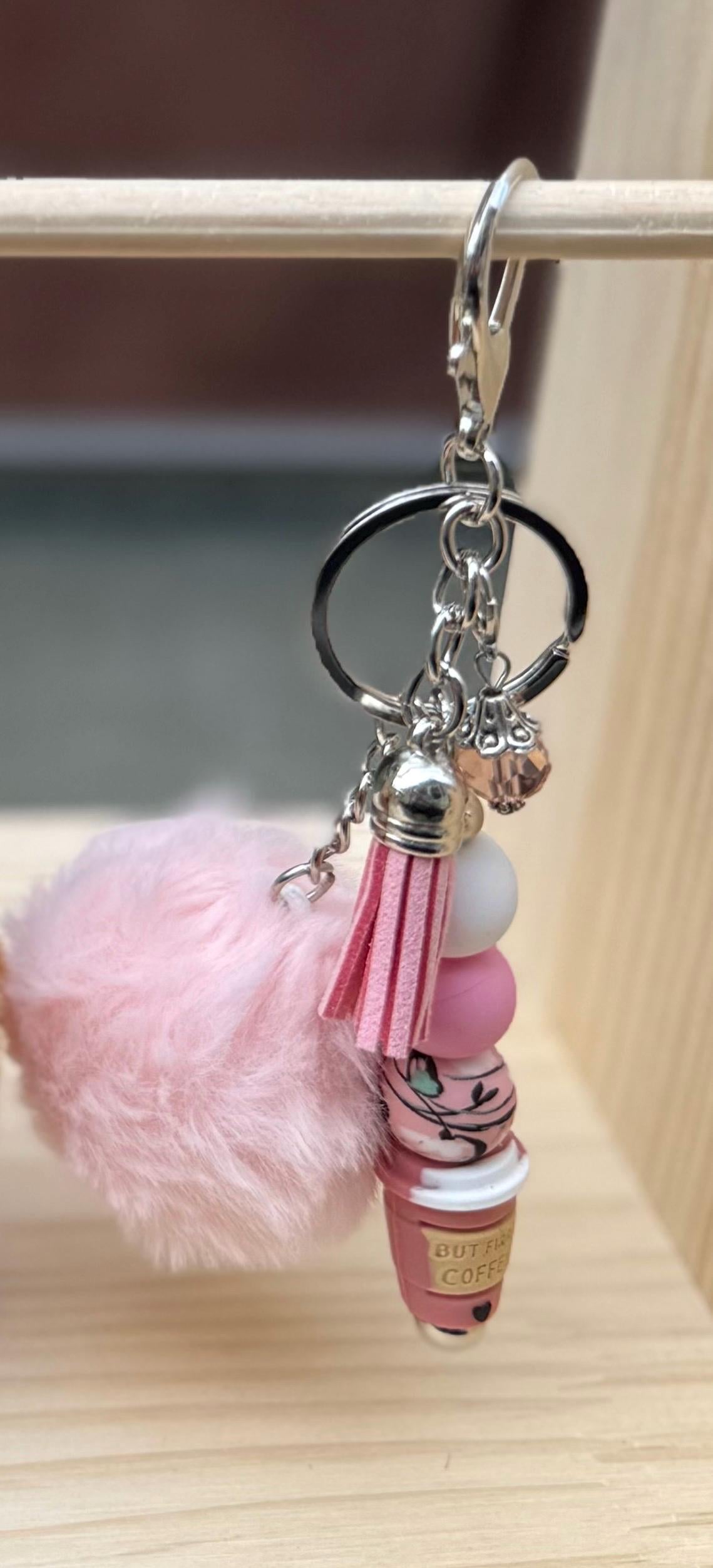 Coffee Lover Silicone Beaded Keychain with Pom Pom & Leather Tassel