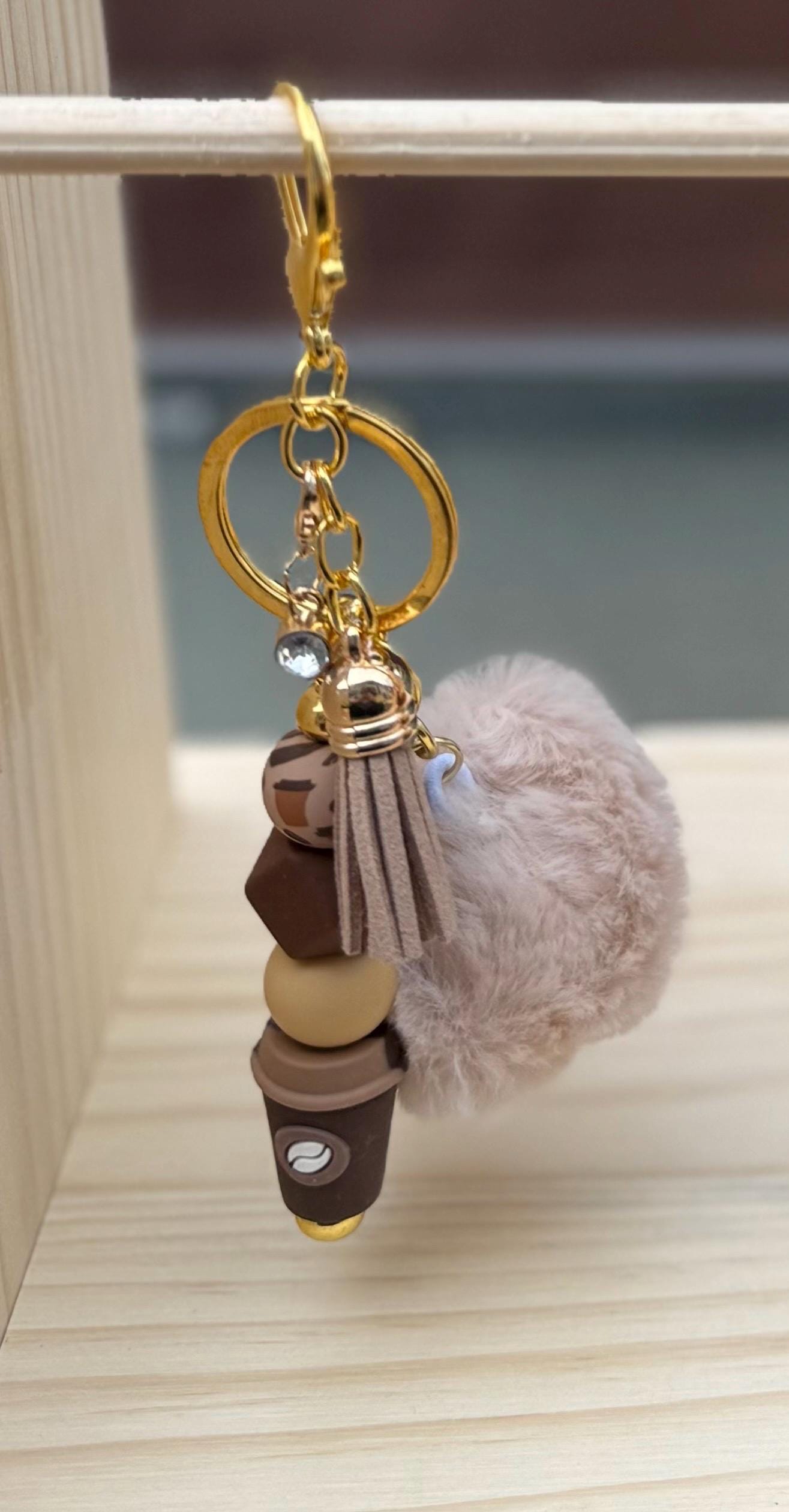 Coffee Lover Silicone Beaded Keychain with Pom Pom & Leather Tassel