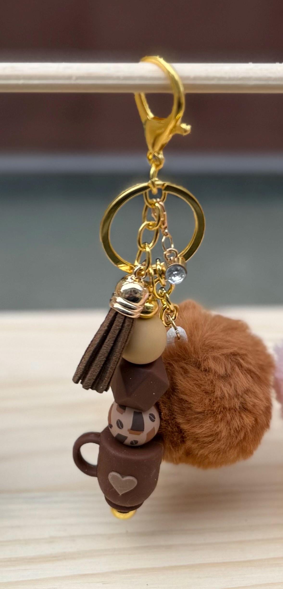 Coffee Lover Silicone Beaded Keychain with Pom Pom & Leather Tassel