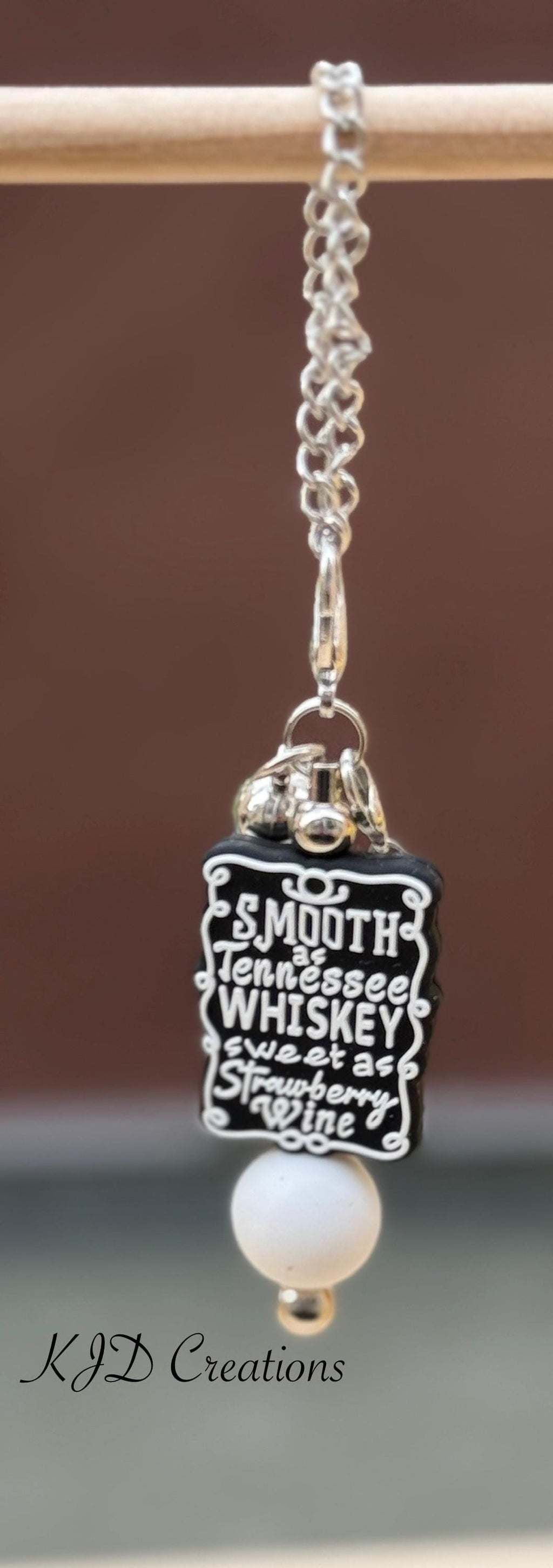 Whiskey & Strawberry country music tumbler cup handle charm — Black & white beads, white leather tassel