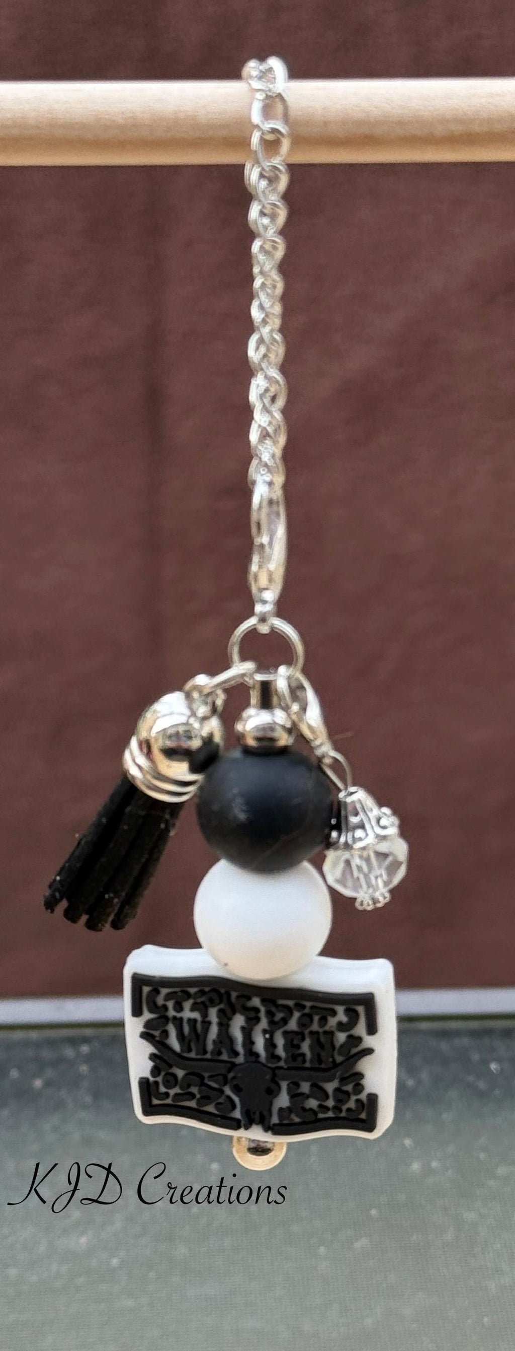 Country Singer country music tumbler cup handle charm — black and white beads with black tassel