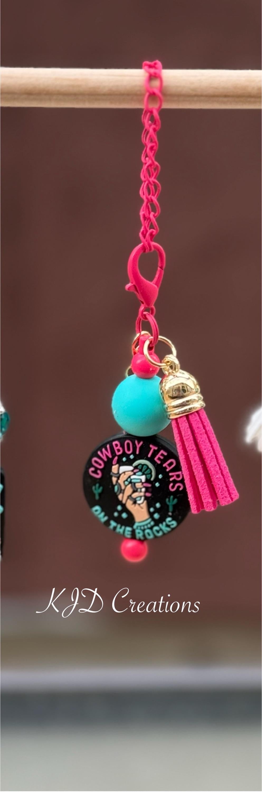 Cowboy Tears Western tumbler cup handle charm — black charm with teal bead and pink tassel by KJD Creations
