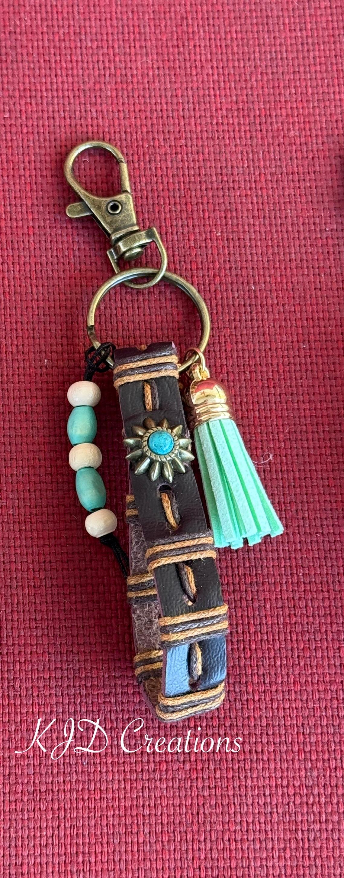 Leather Keychain Fob with Beads & Leather Tassel