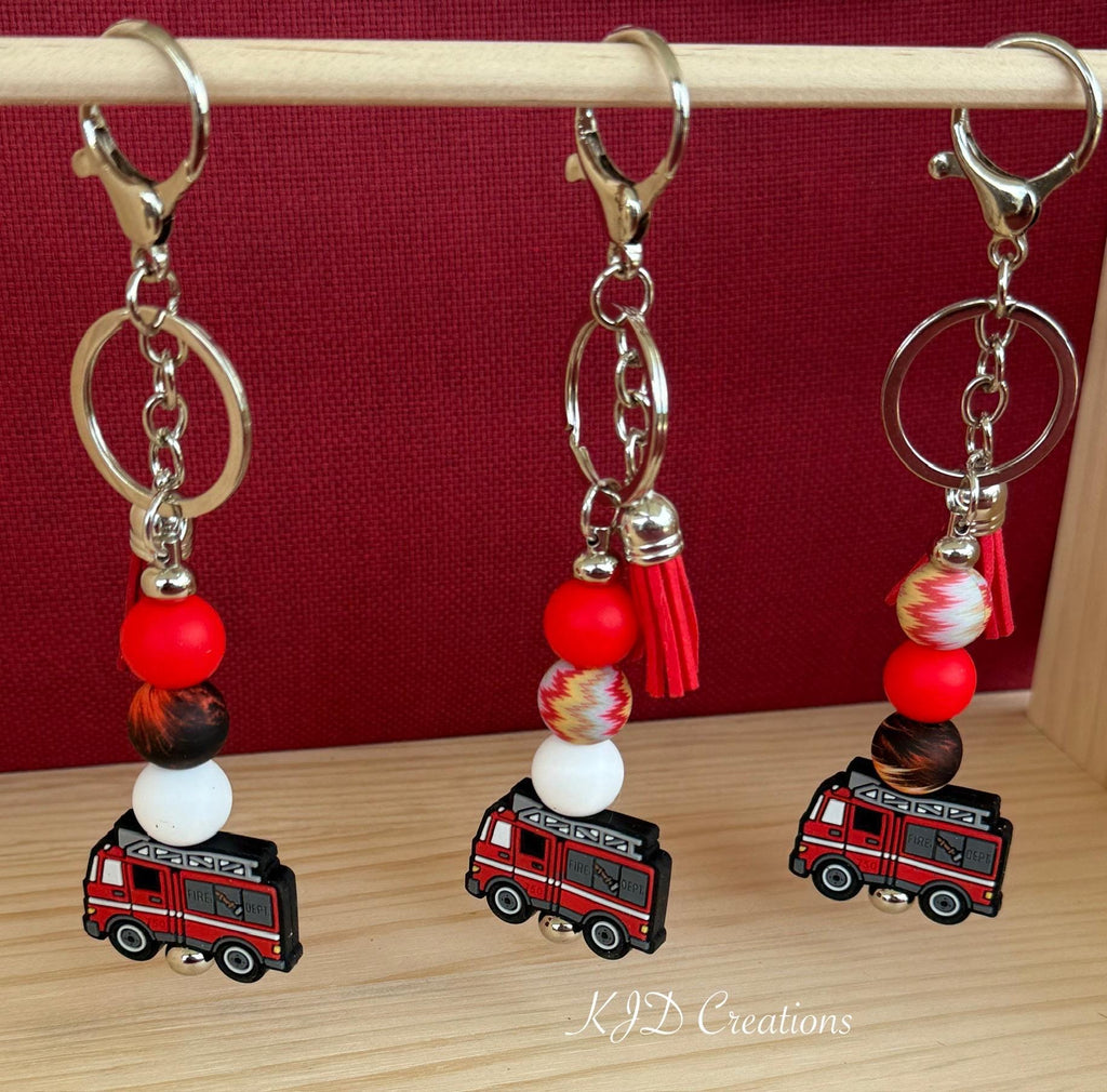 Fire Truck Silicone Beaded Keychain with Leather Tassel